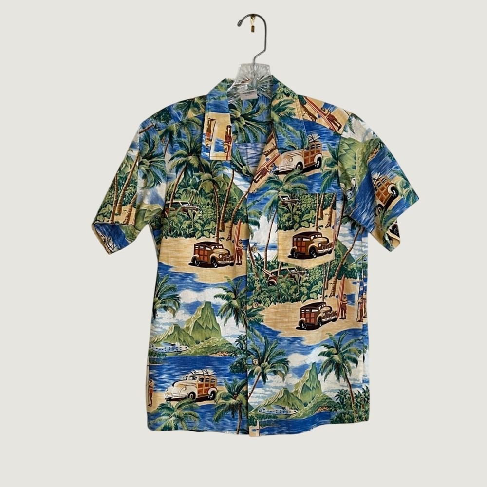 Nui Nalu Hawaii Mens Vintage Tropical Woody Wagon Surf Scenic Shirt Made in USA